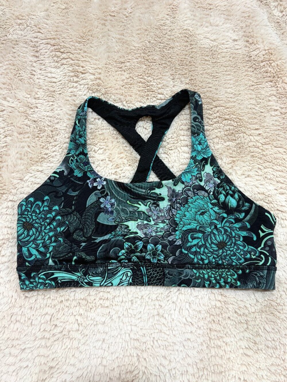 Lululemon Size 10 Energy Bra Memoir Green Black Floral Print Strappy
